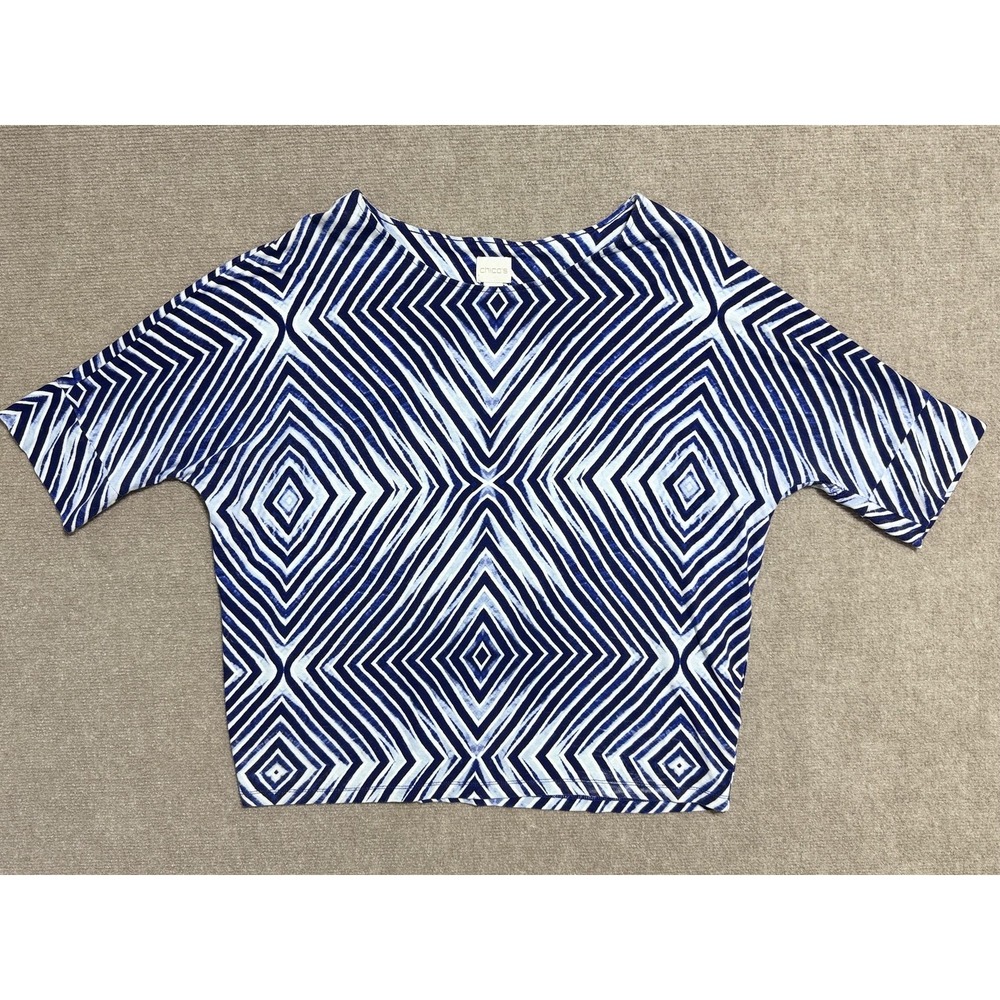 Chicos Shirt Womens 3 Blue‎ White Geometric Diamond Pattern Half Sleeve Top